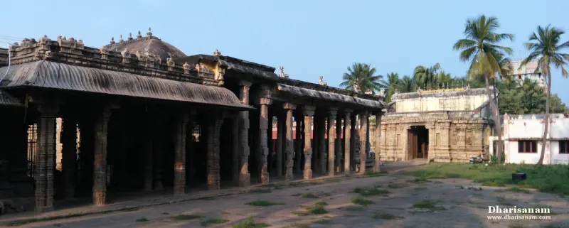 A long pillared mandapam at left and a stone shrine at right, with palm trees and an open yard