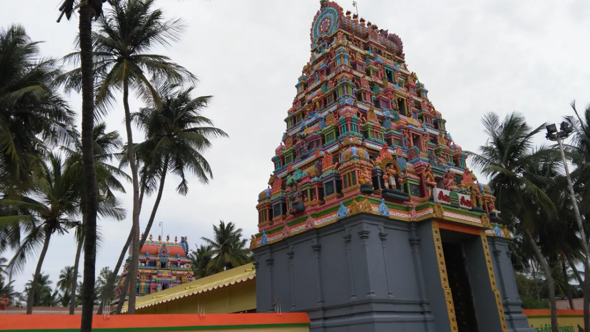 Colourful temple tower with a grey stone base, seen from the side among tall coconut palms.