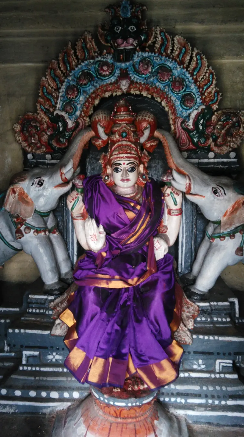 Goddess in a purple sari seated between two white elephants