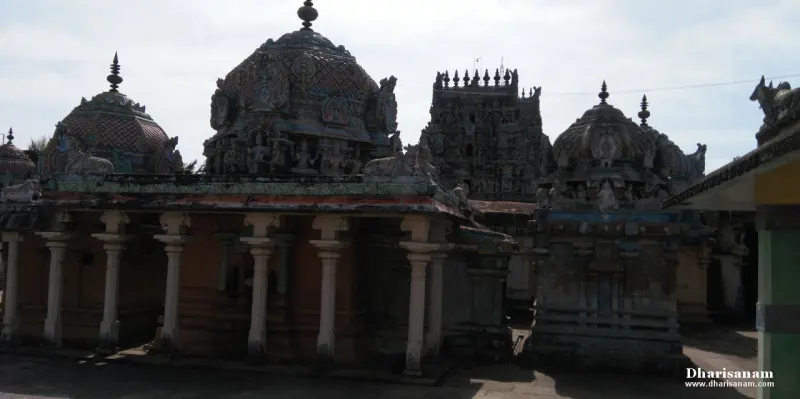 Dark carved domes over a pillared hall, with a gopuram rising behind