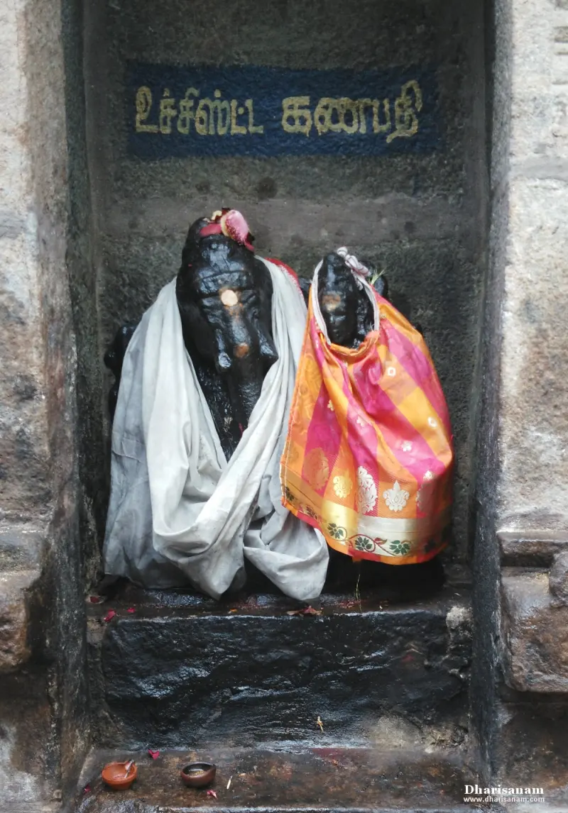 Two dark idols in a stone niche, a Ganesha in white cloth and a smaller figure in a pink and orange saree
