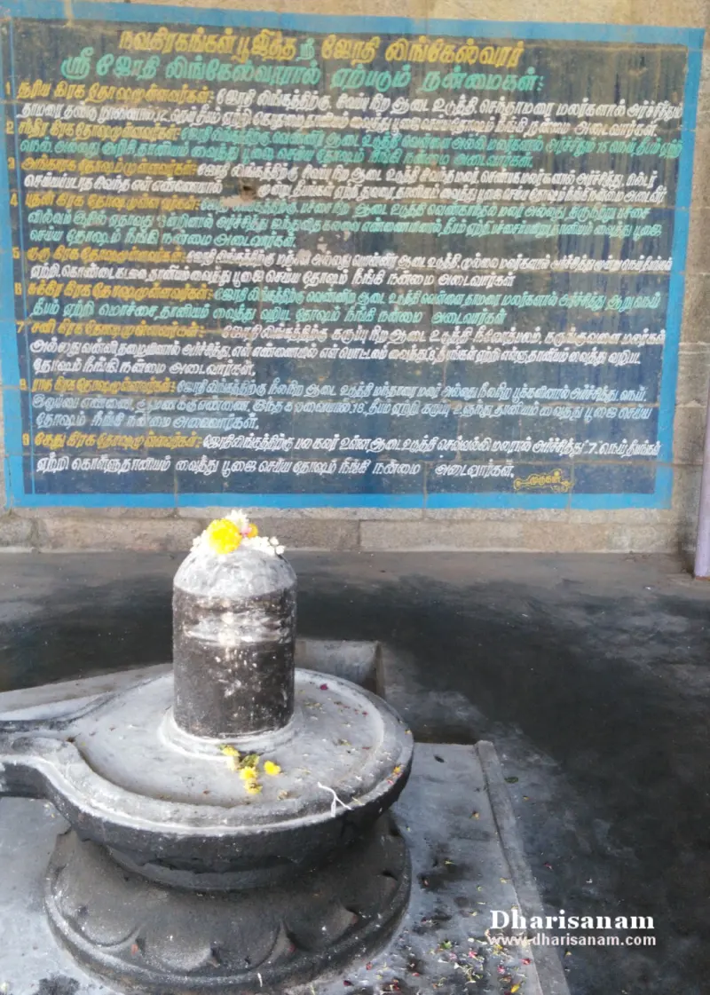 Black stone lingam with flowers on its base, below a wall board in blue and yellow Tamil text