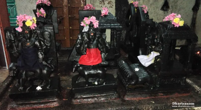 Three dark idols with flowers and cloths, each seated with its mount on a stone platform