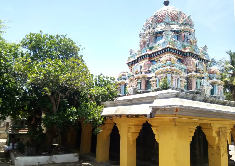 Yellow pillared hall with a painted tower rising behind it, and a leafy tree at the left