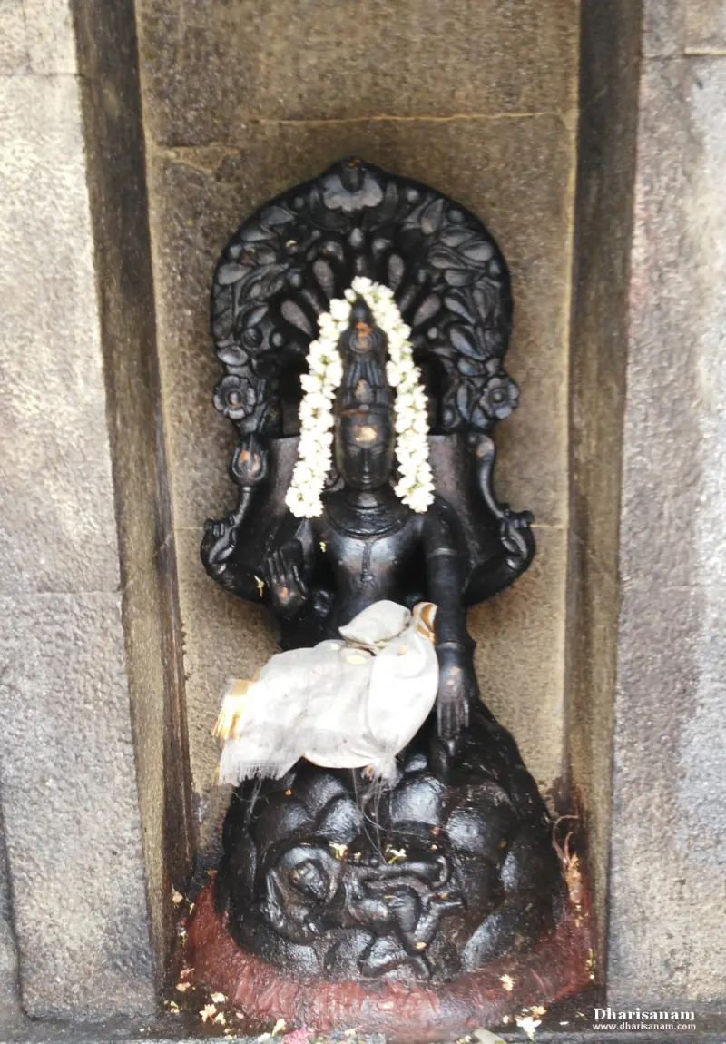 A garlanded black idol seated under a carved tree arch