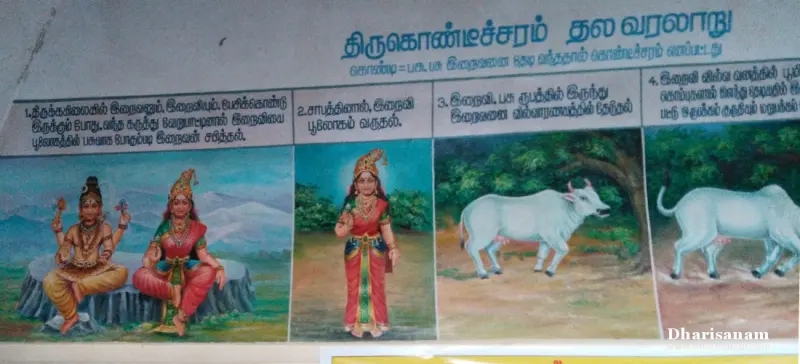 Painted panels with Tamil captions: a couple on a hill, a goddess, and cows in a forest.
