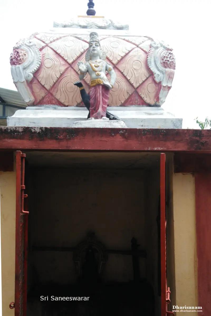A small shrine with open red doors and a standing figure on its roof; the label reads Sri Saneeswarar