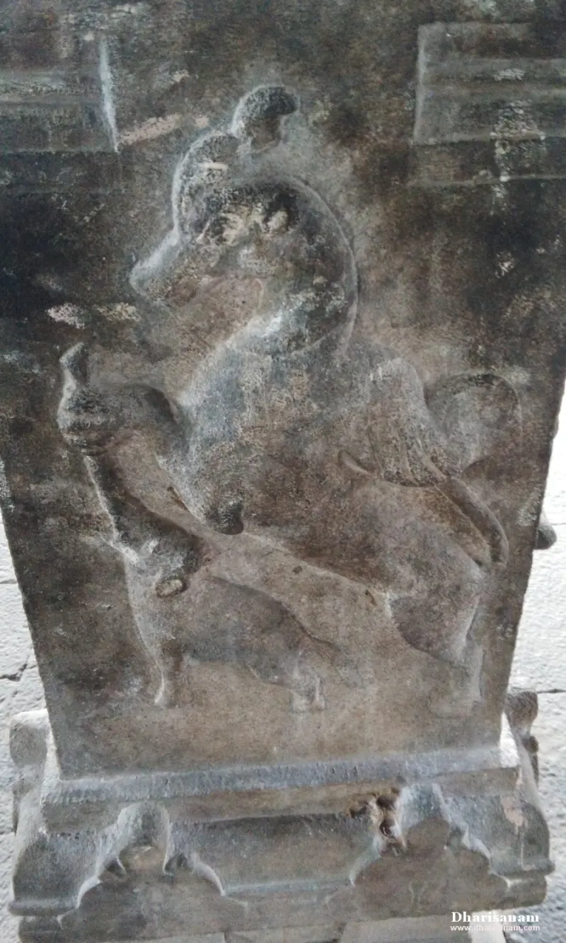 Worn stone pillar relief of a rearing animal with a raised foreleg