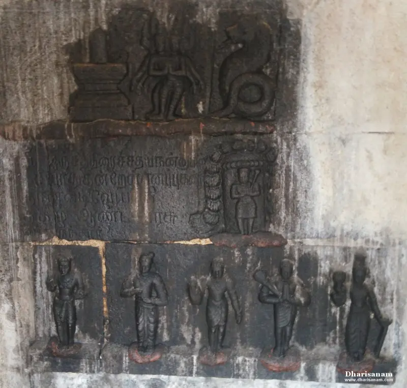 Stone reliefs on a wall: a lingam scene above, a worn inscription, and five standing figures below