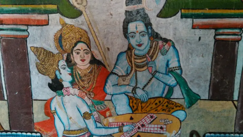 A painted scene of a blue-skinned man holding a game board, a crowned woman, and a seated man in a leopard-skin cloth.