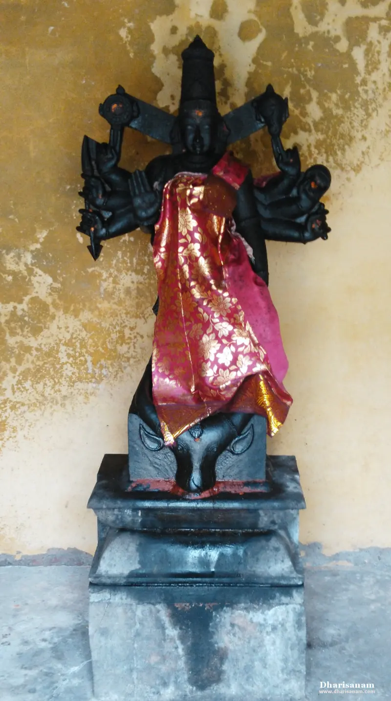 Many-armed black stone Durgai idol draped in a red cloth, standing on an animal head