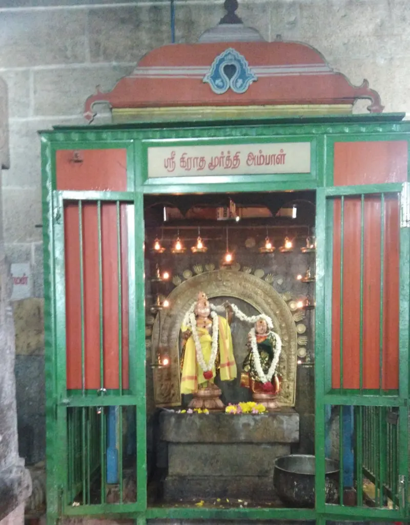Green-framed grilled shrine with a name board, holding two garlanded idols beneath a bronze arch.
