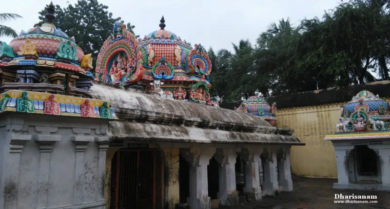 Painted domed roofs of small shrines above pillared walls, with palm trees behind