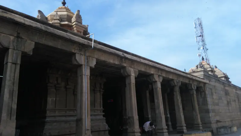 Row of stone pillars forming a corridor by the wall