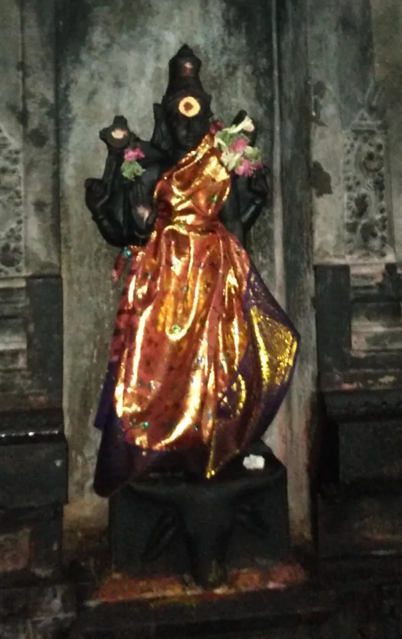 A dark stone idol dressed in an orange silk cloth