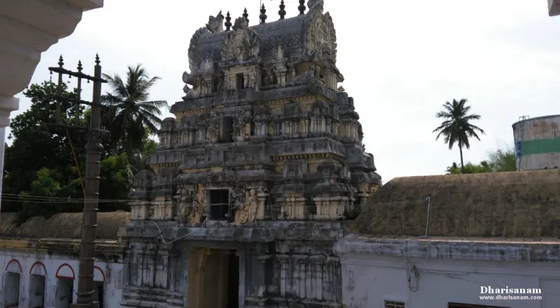 The tiered gopuram with carved figures rises above the corridor roofs, with a pole at left and palm trees behind