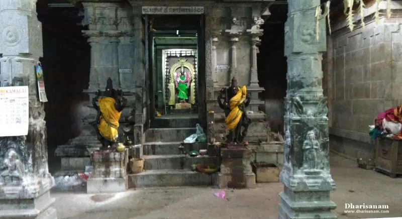 Steps leading to a shrine doorway with two guardian idols in yellow cloth and a green-clad goddess inside