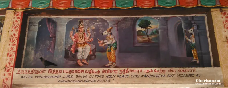 A painted panel of a seated Shiva before a bull-faced figure holding offerings, with a figure behind