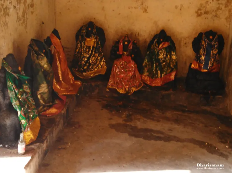 Five or more dark idols along a wall, each wrapped in green, orange or patterned silk