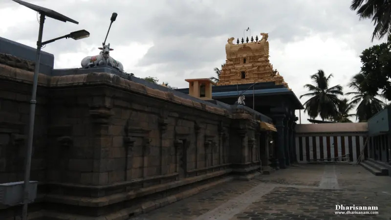A dark stone wall with a bull figure on top and the sandstone tower in the background