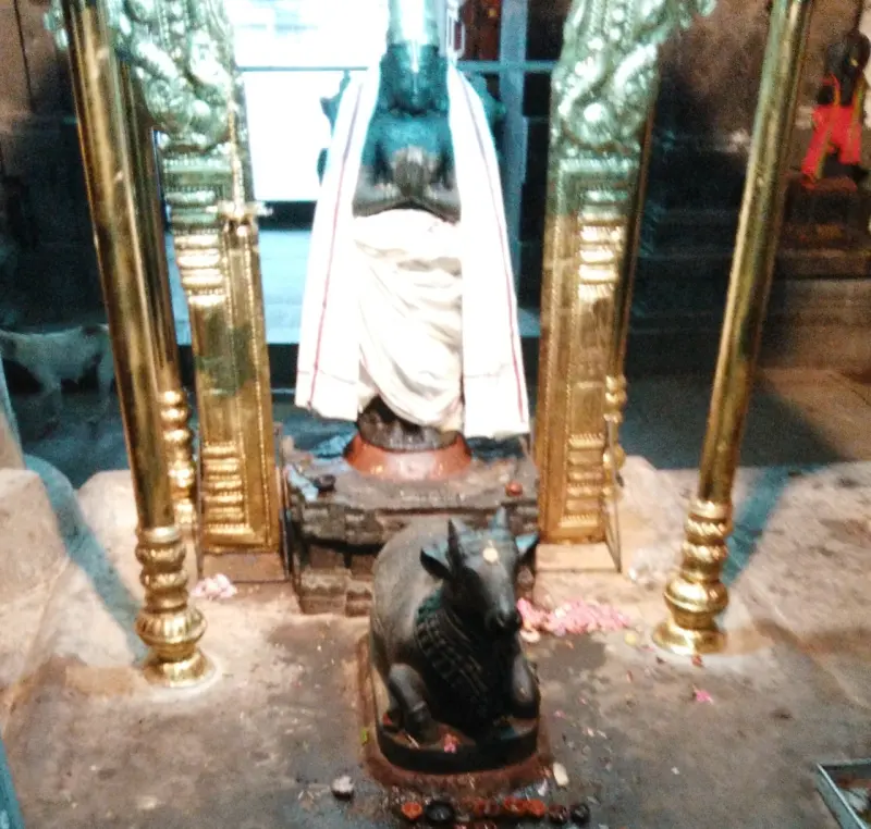 Dark standing figure draped in white cloth, with a small Nandi before it