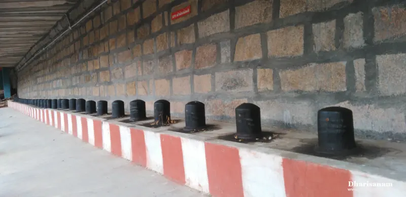 A line of black lingams on a raised platform with red and white stripes, beside a stone wall.