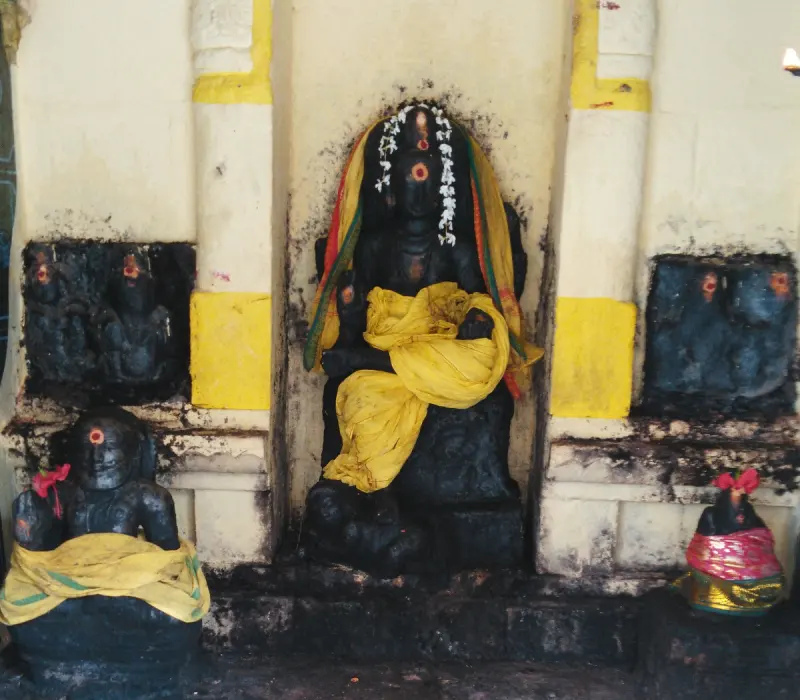A central dark stone idol with a jasmine garland and yellow cloth, with smaller idols and carved panels around it.