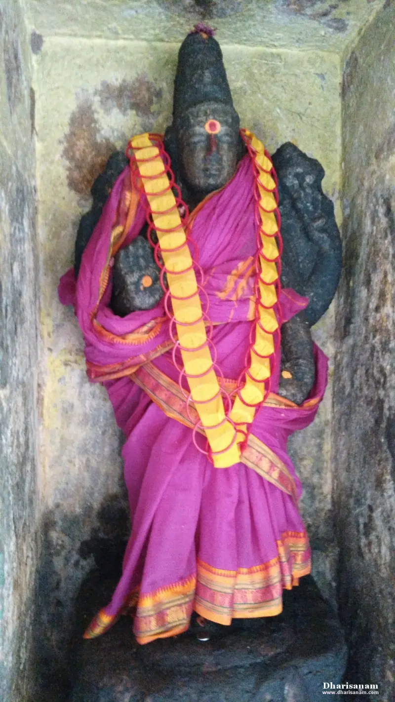A standing goddess in a pink saree with a tall crown and a long garland