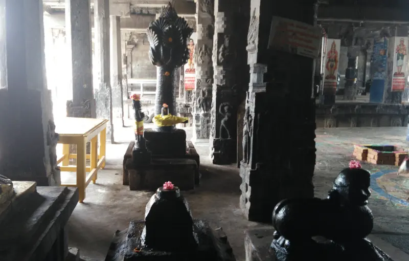 Serpent-hooded lingam and Nandi bull inside the pillared hall