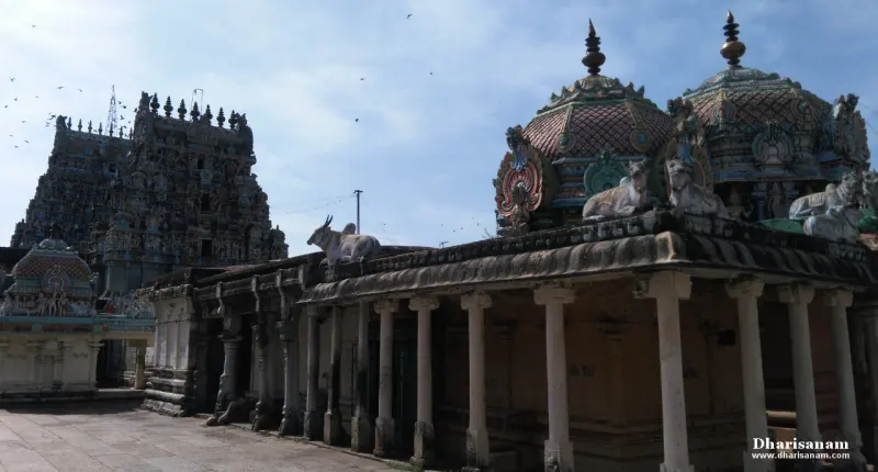 Domed shrine roofs with bull figures above a pillared hall, with a large tower behind
