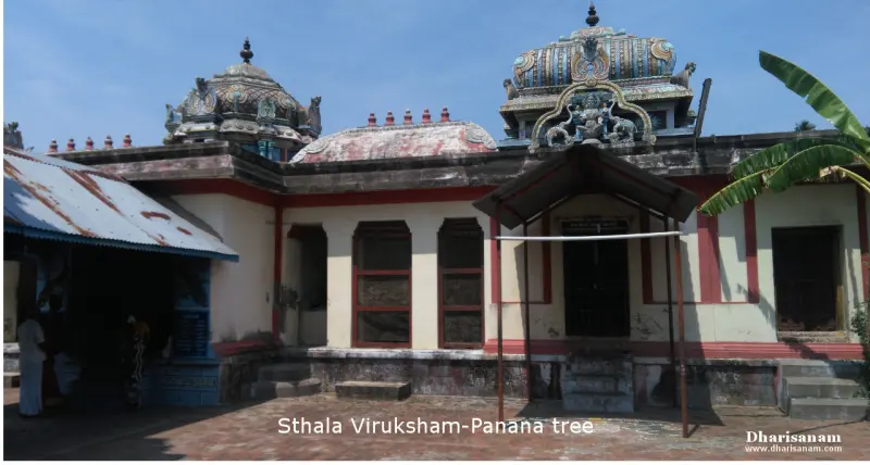 Shrine buildings with domed towers; a banana leaf at right, and a label naming the Sthala Viruksham