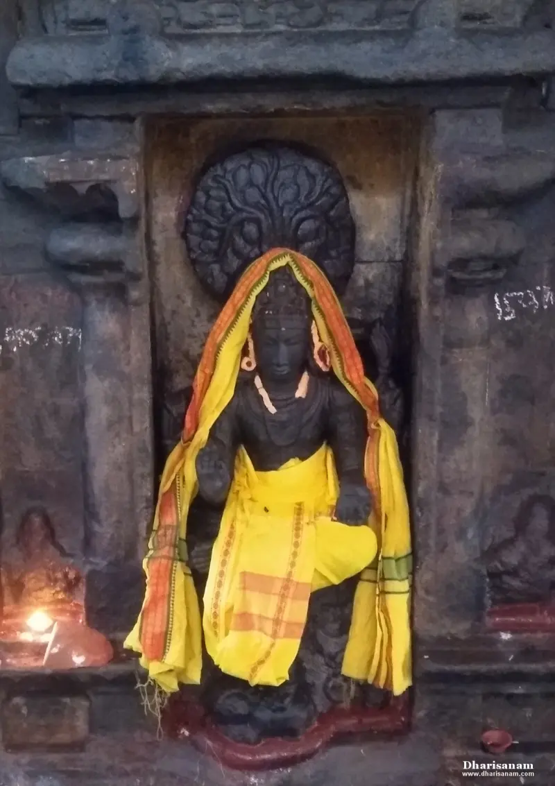 A dark stone idol seated in a niche beneath a carved tree, draped in a yellow cloth