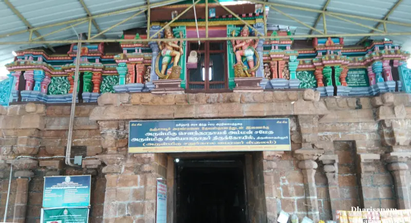 Stone doorway with painted guardians above and Tamil boards around