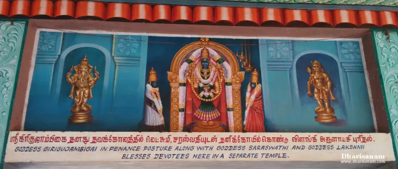 A painted panel of a goddess flanked by two attendants, with a golden Vinayakar and Murugan on the sides